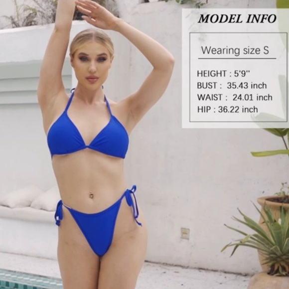 Halter string triangle bikini with ruched cinched cheeky bottoms two piece set - Picture 2 of 7
